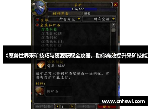 《魔兽世界采矿技巧与资源获取全攻略，助你高效提升采矿技能》