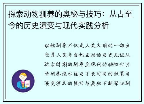 探索动物驯养的奥秘与技巧：从古至今的历史演变与现代实践分析