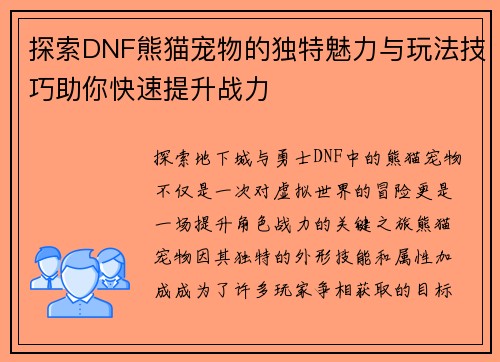 探索DNF熊猫宠物的独特魅力与玩法技巧助你快速提升战力